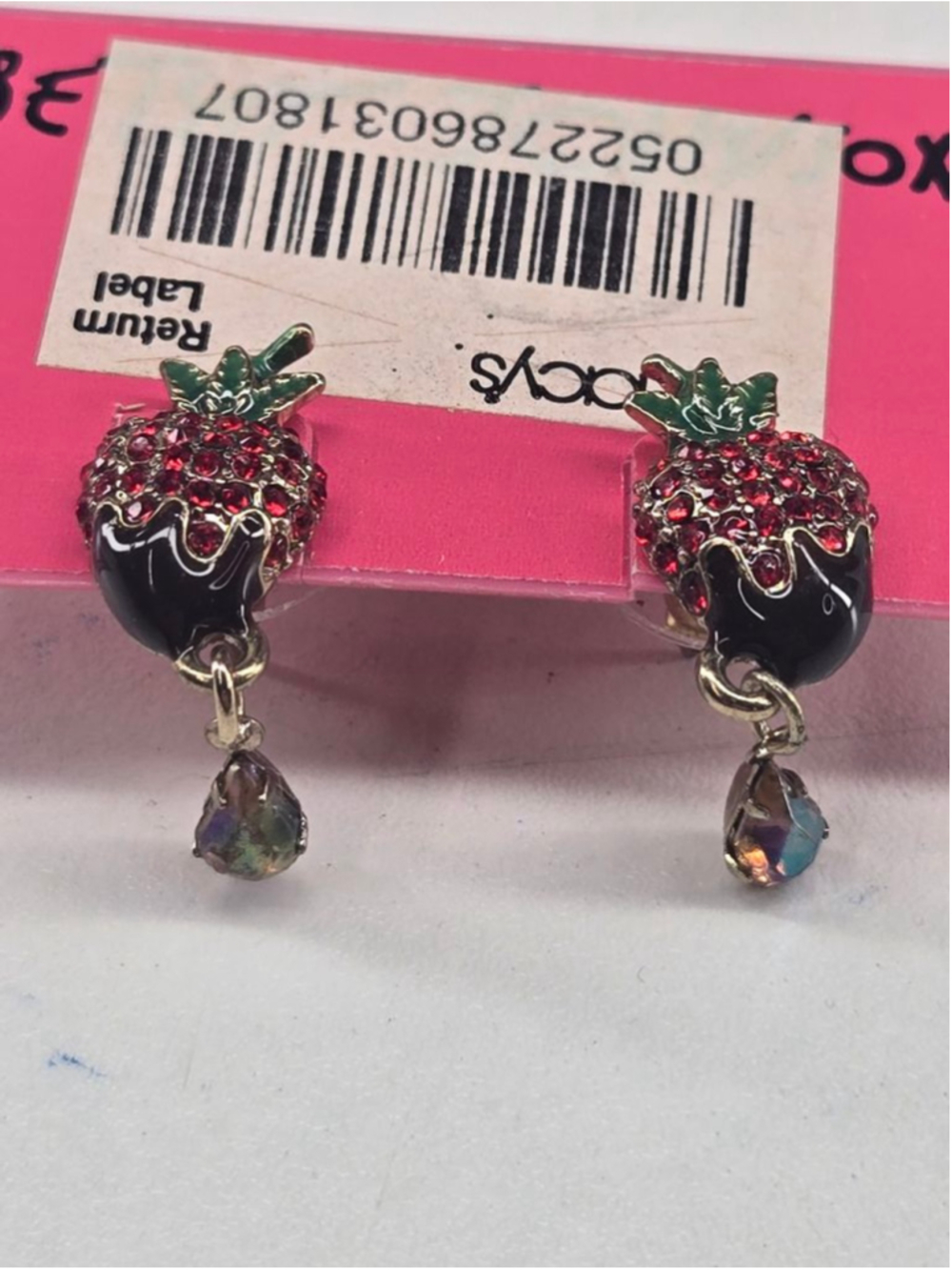NWT Betsey Johnson Earrings Chocolate Dipped Strawberry Post Dangle Red Crystal - Picture 4 of 8